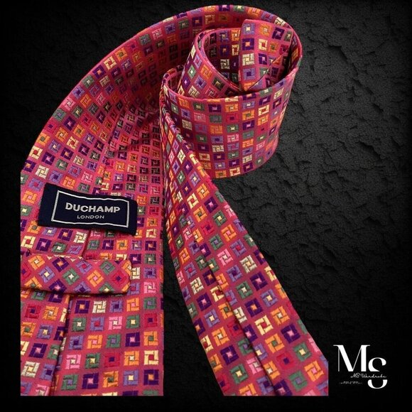 DUCHAMP LONDON XL Pink Geometric Silk Tie Hand Made England W: 3.75" EX COND - Picture 3 of 6